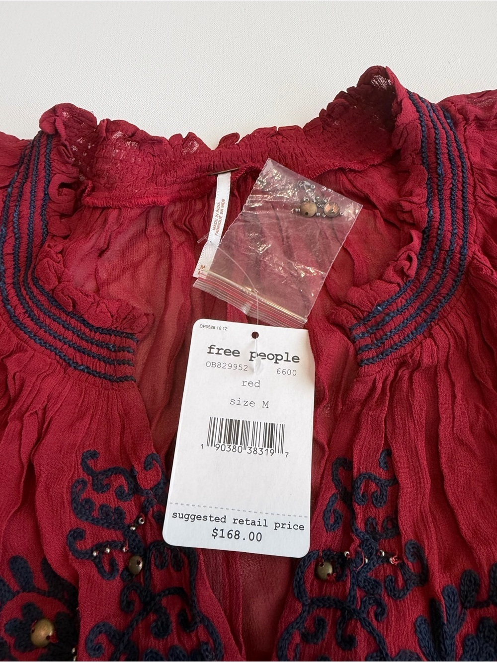 NWT Free People Red Sheer Embroidered Tunic Dress Size Medium Boho Beaded Maxi - Picture 9 of 10